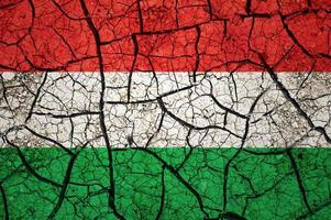 Dry soil pattern on the flag of Hungary. Country with drought concept. Water problem. Dry cracked earth country. photo