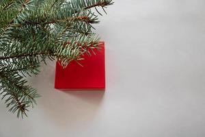 Natural spruce branches with a red gift box on a white background. Place for your text photo