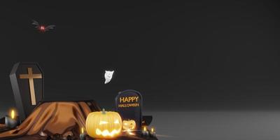 halloween fondo podio ataúd murciélagos y calabazas 3d ilustración foto