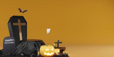 halloween background podium coffin bats and pumpkins 3d illustration photo