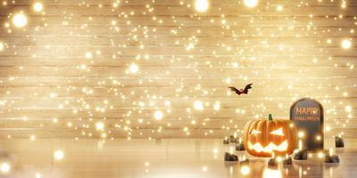 halloween background Pumpkin on wooden floor and bokeh 3d illustration photo