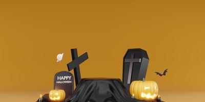 halloween background podium coffin bats and pumpkins 3d illustration