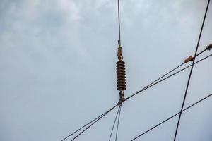 Railroad or railway overhead power lines. Contact or electric wires. photo