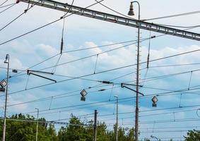 Railroad or railway overhead power lines. Contact or electric wires. photo