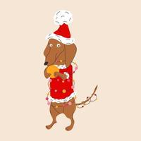 un perro salchicha con un disfraz de navidad y una ilustración de guirnaldas sobre fondo blanco vector