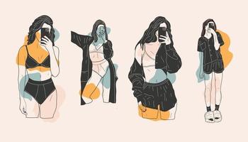 Four fashion illustrations. Beautiful young women takes a selfie in her underwear and robe. Elegant art. Outline body parts. vector