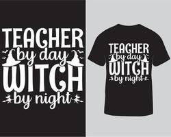 profesor de día bruja de noche halloween tipografía letras camiseta diseño plantilla pro descarga vector