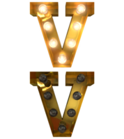 Golden Light bulb letters, typeface in ON and OFF state the character V png