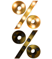 letras de lâmpada dourada, tipo de letra ligado e desligado indica a porcentagem do caractere png