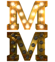 Golden Light bulb letters, typeface in ON and OFF state the character M png