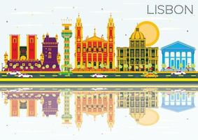 Lisbon Skyline with Color Buildings, Blue Sky and Reflections. vector