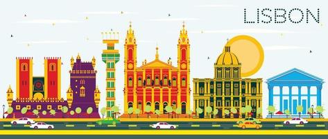 Lisbon Skyline with Color Buildings and Blue Sky. vector