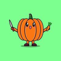 Cute cartoon Pumpkin holding knife and carrot vector