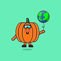 Cute cartoon Pumpkin floating with world balloon vector