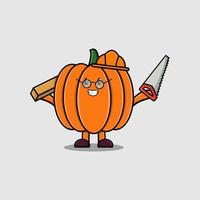 lindo personaje de carpintero de calabaza de dibujos animados con sierra vector