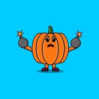 cartoon Pumpkin hold bomb with scared expression vector