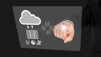Businessman using fingerprint indentification to access personal financial data. Idea for biometrics security, innovation technology against digital cyber crime photo