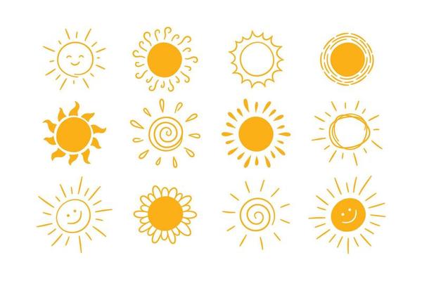 Doodle different sun icons set. Scribble yellow sun with rays symbols. Doodle children drawings collection. Hand drawn burst. Hot weather sign. Vector illustration isolated on white background