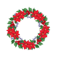 Flora and round twig wreath of red Christmas flowers, green leaves, cute small blueberry and wild red berry in Christmas season color.