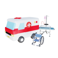 3D-Render-Krankenwagen mit Rollstuhl und Patientenbett