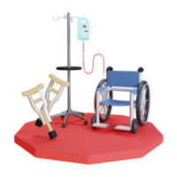 3d render equipo hospitalario infusión de silla de ruedas y muletas de axila