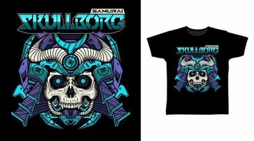 Illustration of Blue Samurai Skull Cyborg with Helmet vector t-shirt design concept.