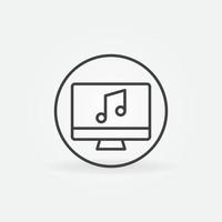 Computer with Musical Note outline vector round icon