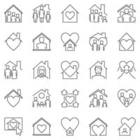 Stay Home outline icons set. Vector House with People signs