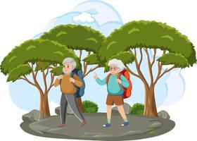 Senior tourists hiking in nature vector