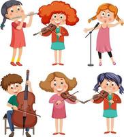 conjunto de diferentes niños tocando música vector