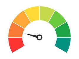 Vector speedometer meter with arrow for dashboard with green, yellow, red indicators. Gauge of tachometer. Low, medium, high and risk levels. Bitcoin fear and greed index cryptocurrency