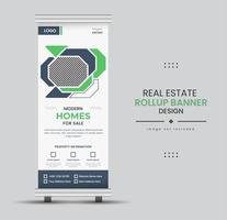 Print Stylish minimal home for sale rollup banner design with green and black creative shapes vector