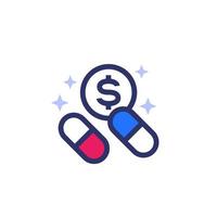 medication cost icon, pills and money vector