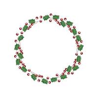 Flora and round twig wreath of green leaves and wild red berry in Christmas season color, flat vector image.