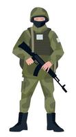 Soldier in combat gear. A man in military uniform with a gun. Vector image.