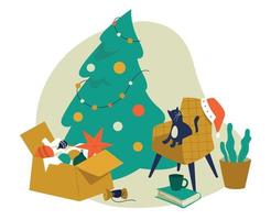 Christmas interior. Preparing for the New Year holidays. Decorated Christmas tree, a box with Christmas decorations, a cat on a chair. Vector image.