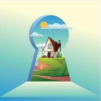 see the beautiful house from the keyhole. with clouds and sun. vector