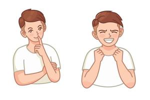 Sign language, emotions expression. thinking gestures. happy expression. white background vector