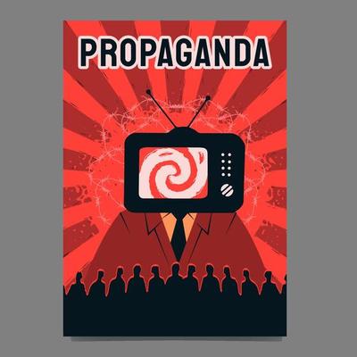 TV hypnotizing a crowd of people. The metaphor of zombifying citizens with propaganda.