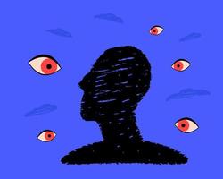 A black profile of a person surrounded by eyes, a symbol of an external critic, schizophrenia, paranoia. vector