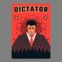 A placardr with a dictator looking at a silhoutte of crowd against the background of barbed wire. A symbol of dictatorship, totalitarianism and autocracy. vector