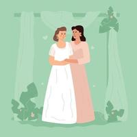 Two women in white dresses are standing embracing. LGBT wedding. Two lesbian wives. vector