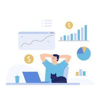 The concept of passive income. A man is dozing near a laptop, around him are growing graphs and coins are falling out. vector