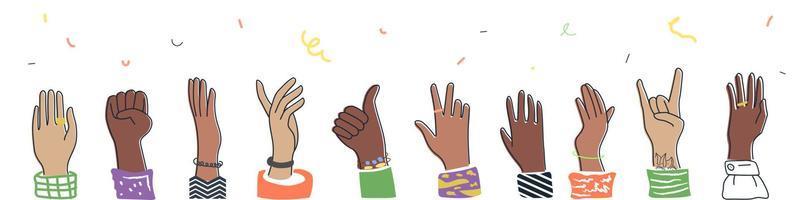 Various human hands raised up. A symbol of unity and celebration. vector