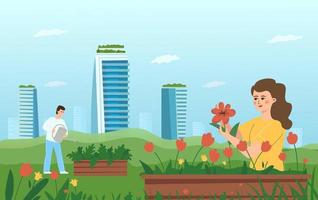 The concept of urban gardening. A woman and a man take care of flowers and plants on the background of skyscrapers. vector