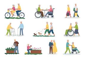 A collection of elderly white-haired people performing various activities. Walking with your pet, cycling, shopping, playing chess, gardening. Disabled pensioners in a wheelchair and with a stick. vector