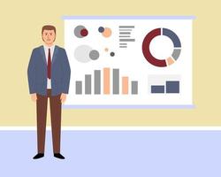 A man in a suit stand next to a board with a diagram. Business presentation with marketing data. The teacher tells the lecture. vector