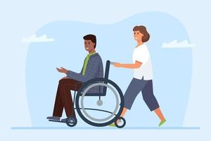 discapacitado en silla de ruedas y voluntario. amistad y apoyo entre un paralítico y su ayudante. vector