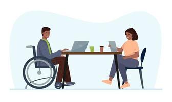 A disabled man in a wheelchair works in an office. Employment for people with special needs. vector