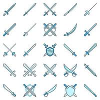 Sword creative icons. Vector crossed swords and shields signs